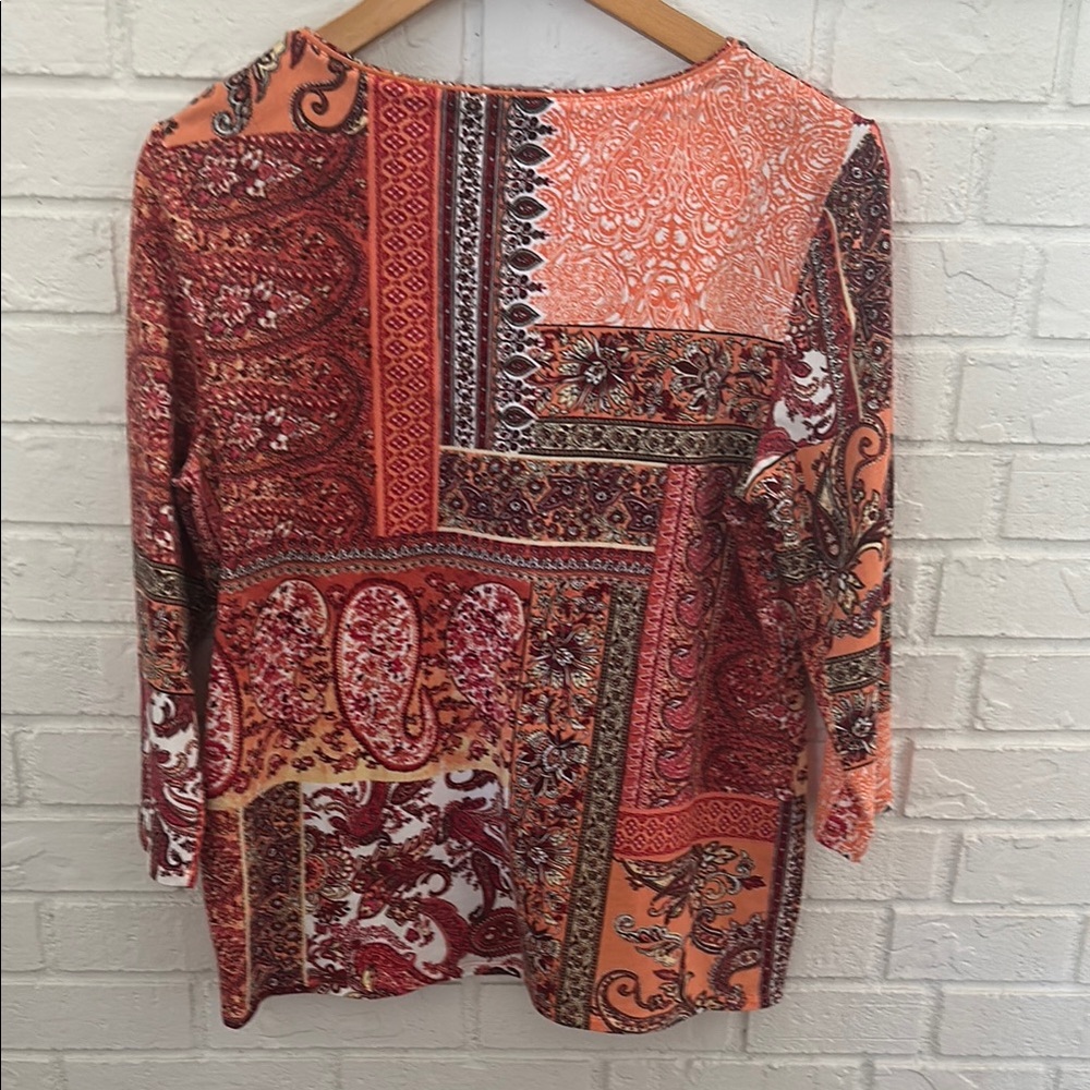 Chico's Women's Red and Orange Patchwork Blouse - Picture 7 of 12